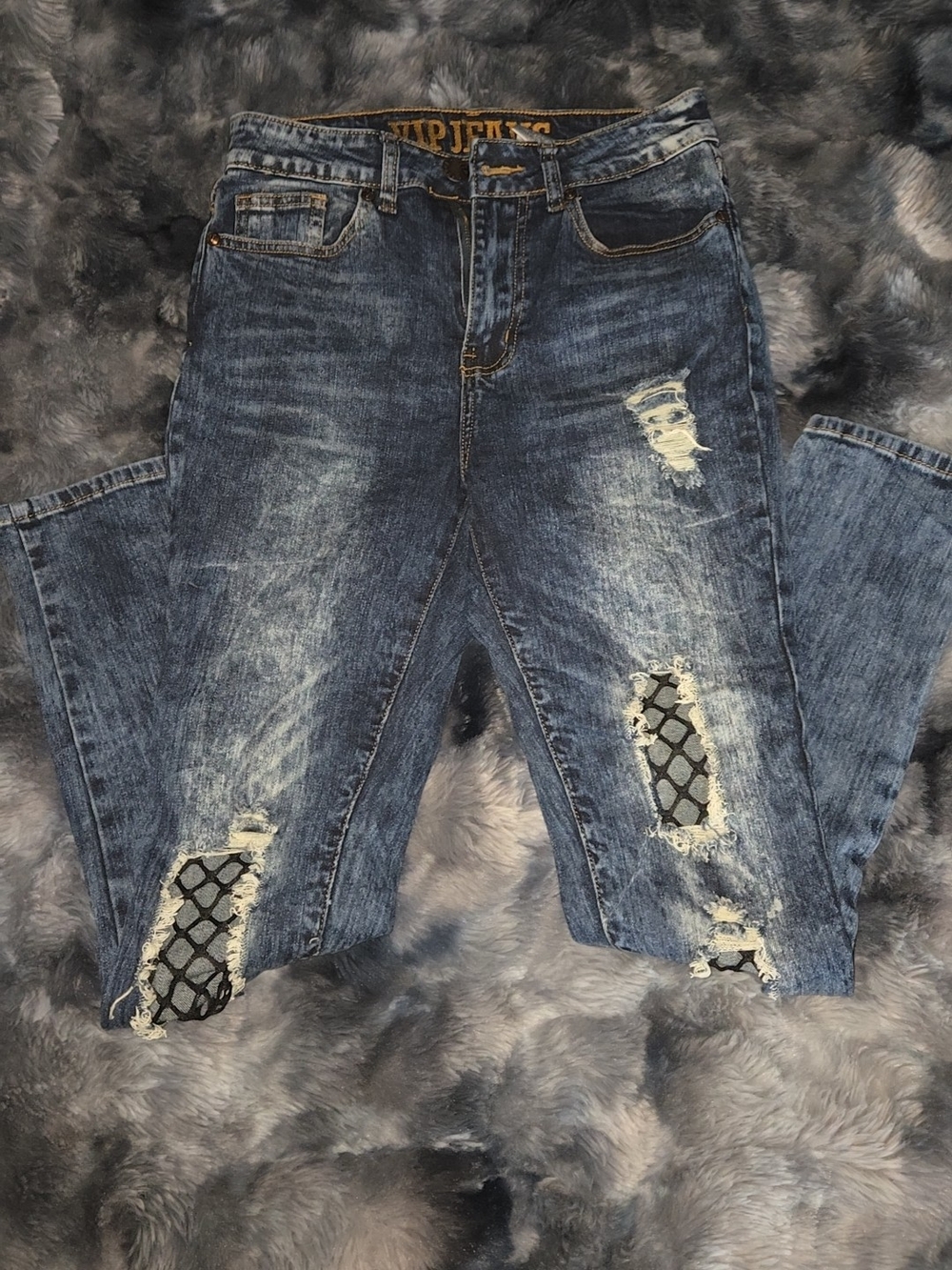 Distressed Blue Women’s Jeans with Patch Fishnet Detail